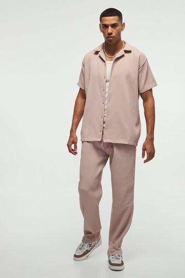 Oversized Short Sleeve Pleated Shirt & Straight Pants Set mocha