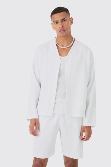 Pleated Longsleeve Collarless Boxy Shirt & Short Set white