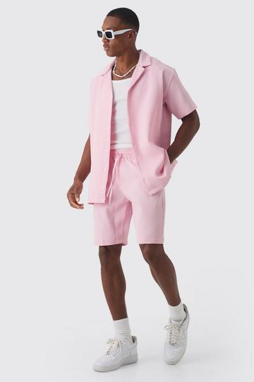 Pink Oversized Short Sleeve Pleated Shirt And Short Set