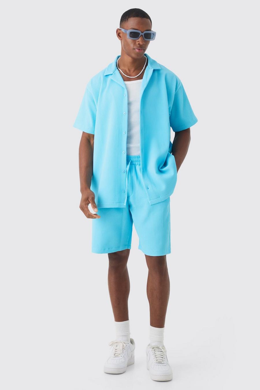 Aqua Oversized Short Sleeve Pleated Shirt And Short Set