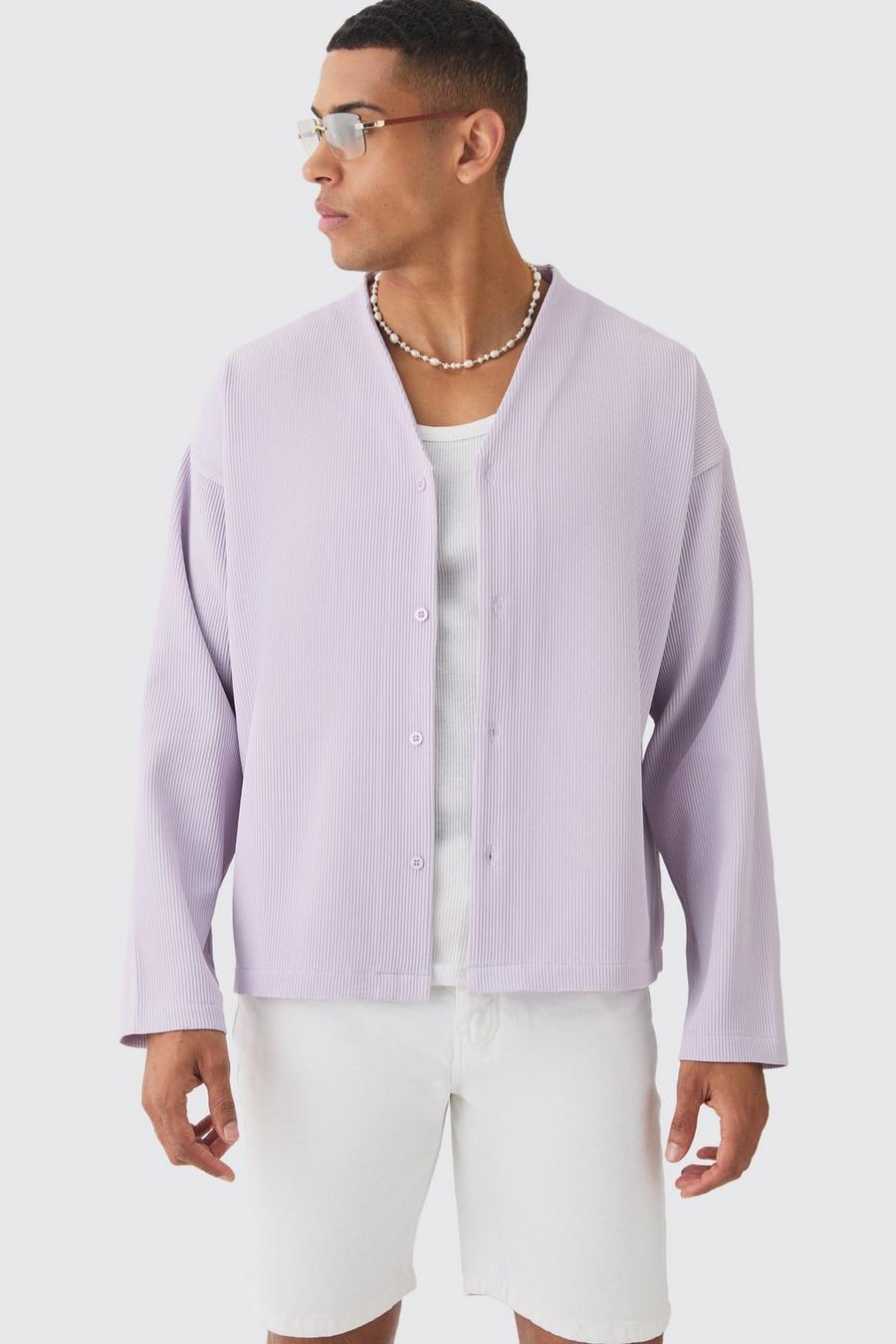 Lilac Pleated Longsleeve Collarless Boxy Shirt 