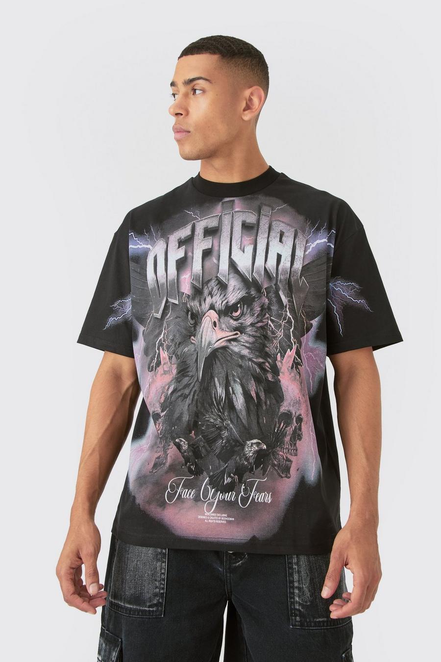 Black Oversized Extended Neck Extreme OFFCL Eagle Print T-shirt
