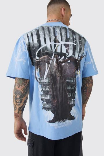 Oversized Extended Neck Extreme Over Seams Gothic Graphic T-shirt blue