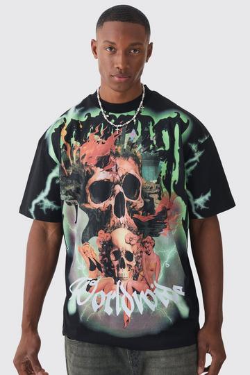 Oversized Extended Neck Extreme Skull Graphic T-shirt black