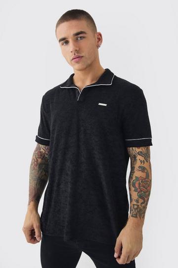 Black Toweling Polo With Piping & Metal Tab