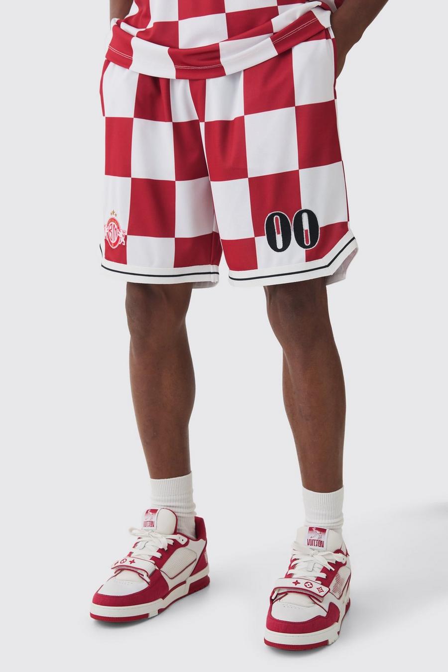 Red Checkerboard Embroidered Pique Long Length Basketball Shorts image number 1