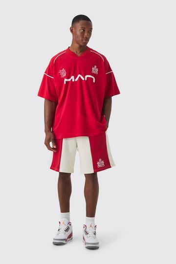 Red Oversized Man Raglan Football T-Shirt & Paneled Short Set