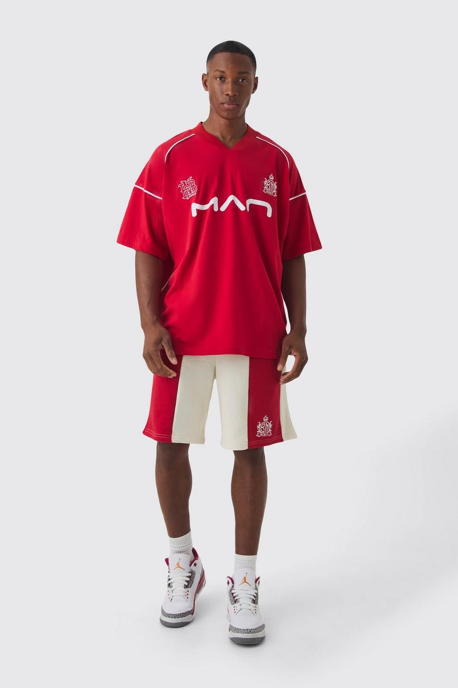 Red Oversized Man Raglan Football T-shirt & Panelled Short Set 