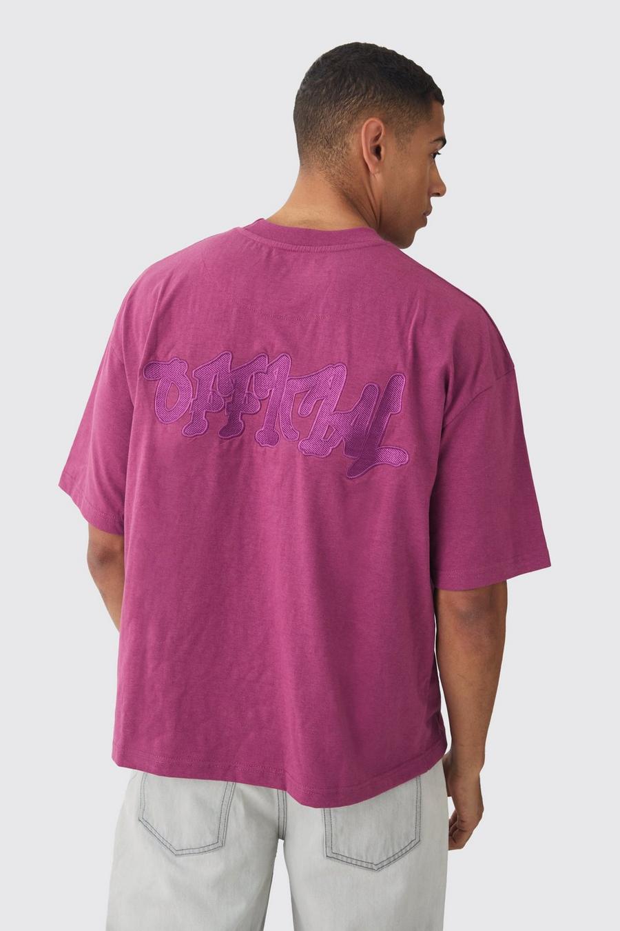 Pink Oversized Boxy Extended Neck Heavyweight Embroidered T-shirt image number 1