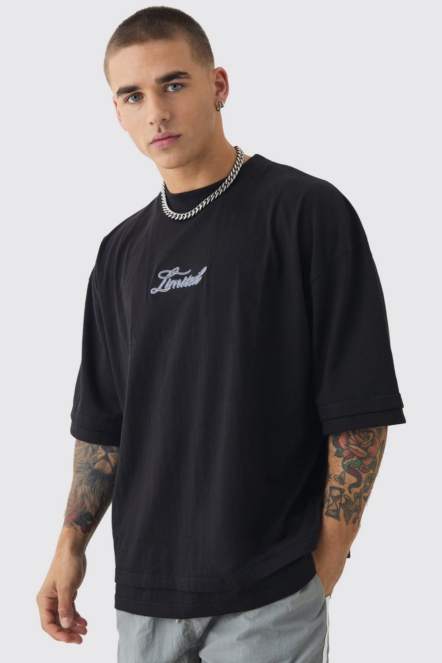 Black Oversized Boxy Heavyweight Embroidered Faux Layer T-shirt image number 1