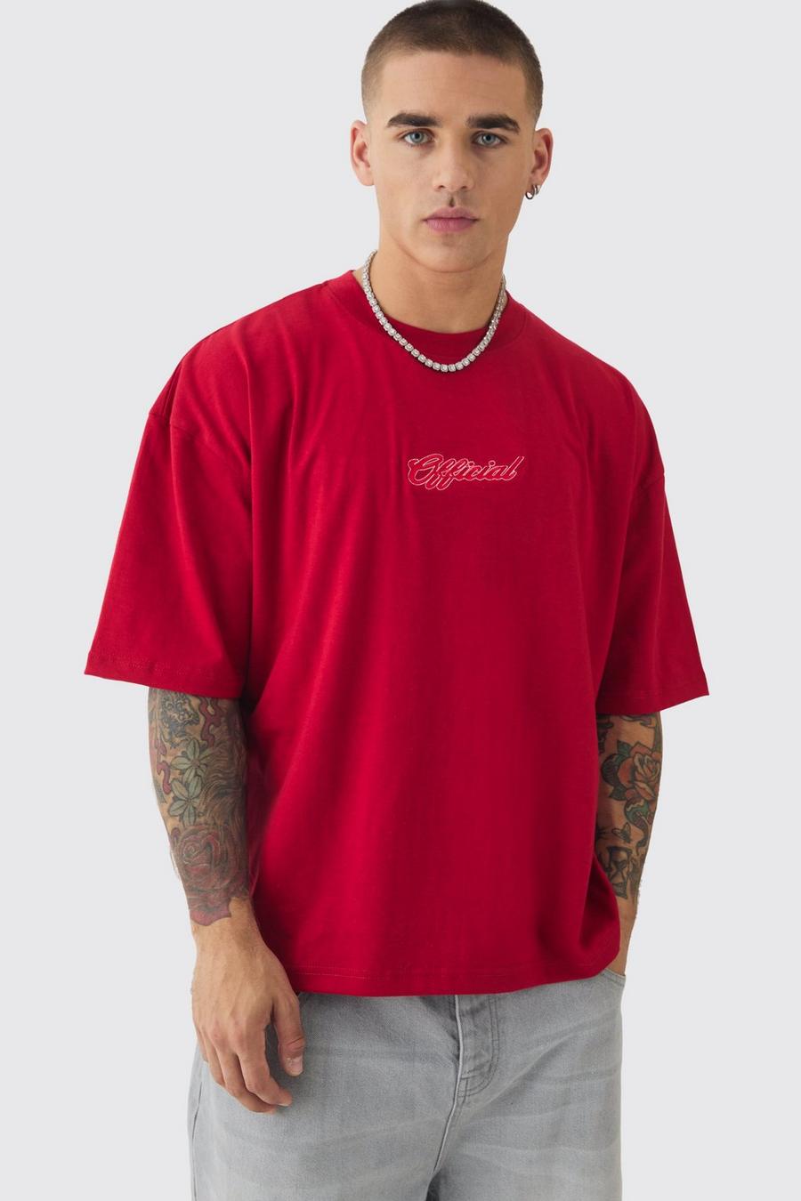 Red Oversized Boxy Extended Neck Heavyweight Embroidered T-shirt image number 1