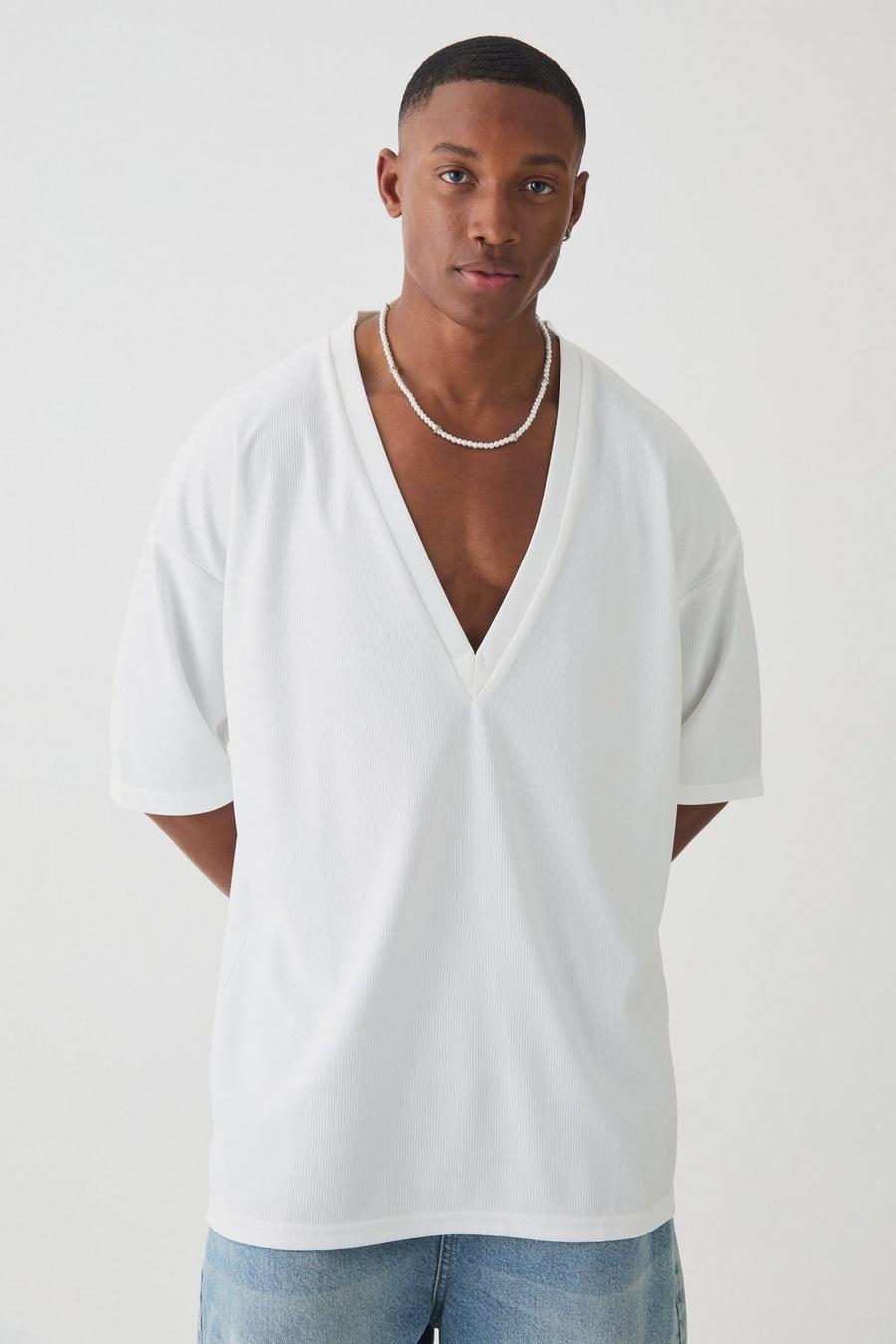 White Oversized V Neck Ottoman T-shirt image number 1
