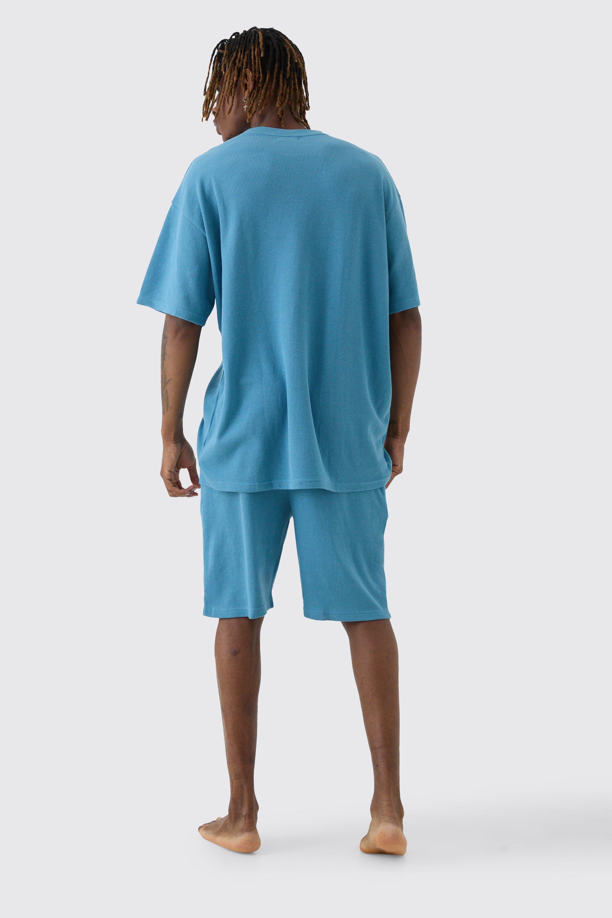 Tall Oversized Waffle Lounge Short Set In Blue boohoo