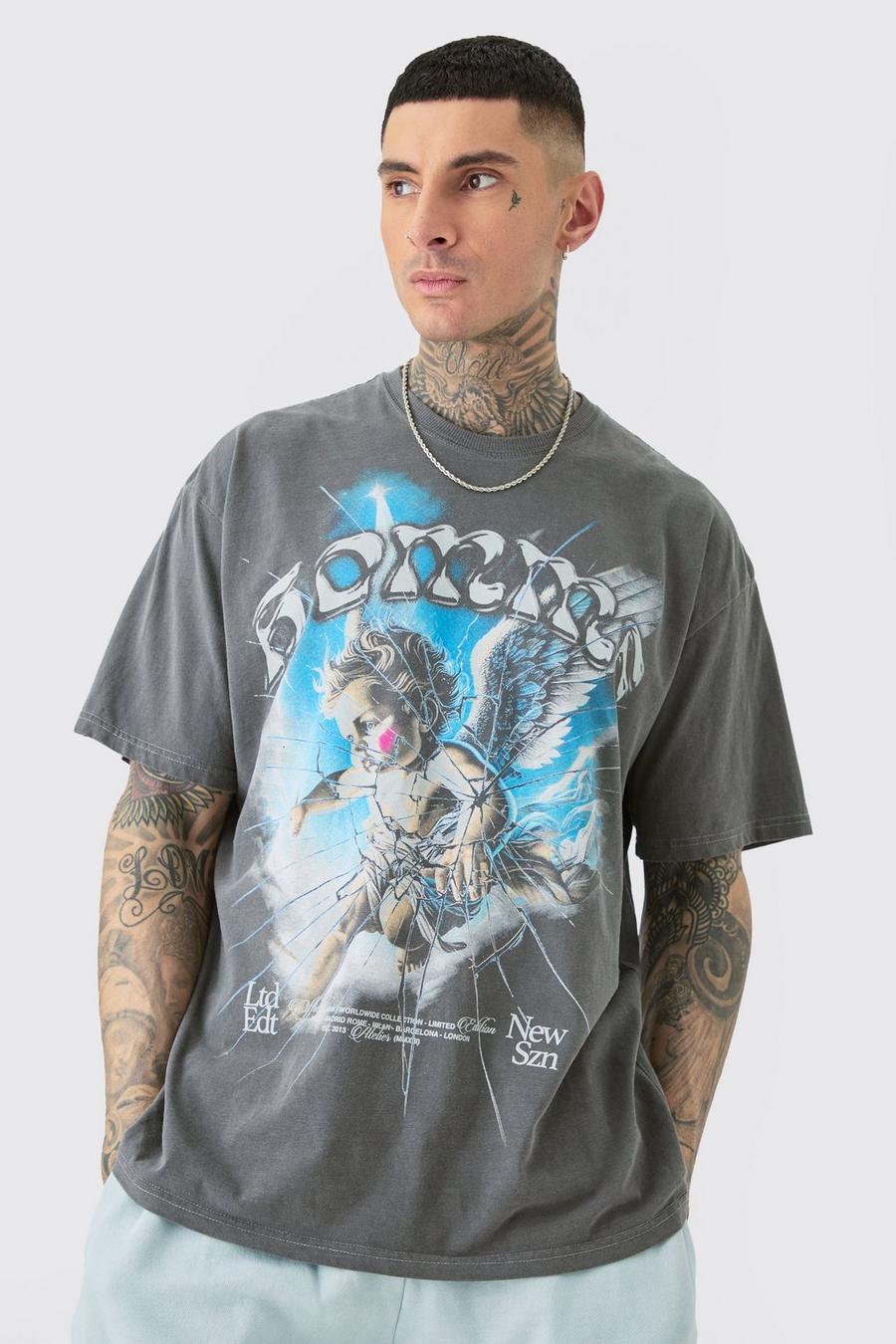 T-shirt Tall oversize Homme grigia in lavaggio acido con angelo, Light grey