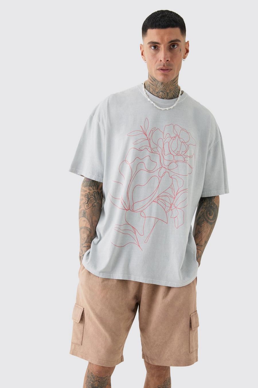 T-shirt Tall oversize grigia con stampa a fiori e stencil, Grey