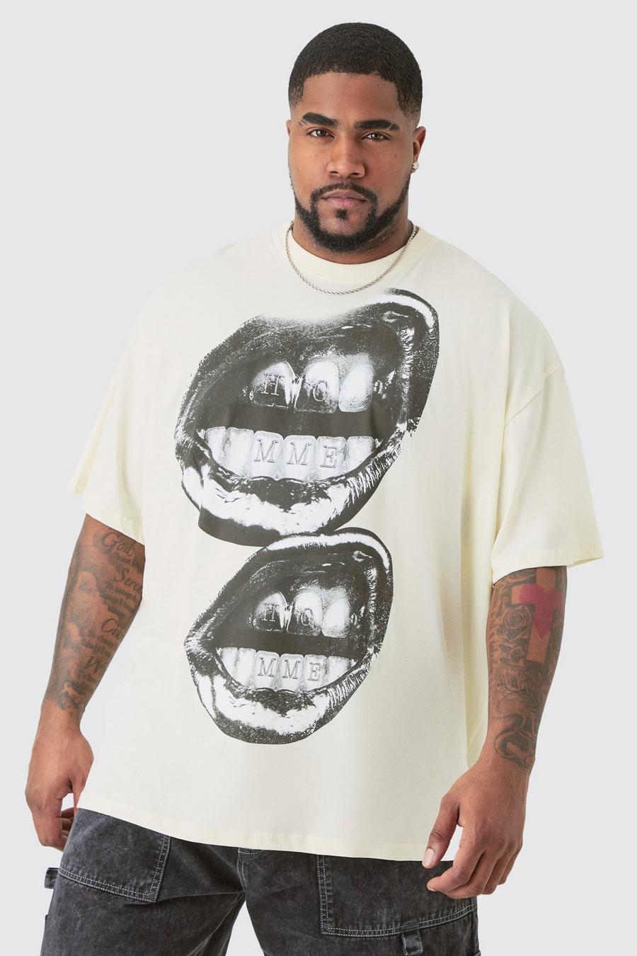 Camiseta Plus oversize color crudo con labios metálicos Homme, Ecru image number 1
