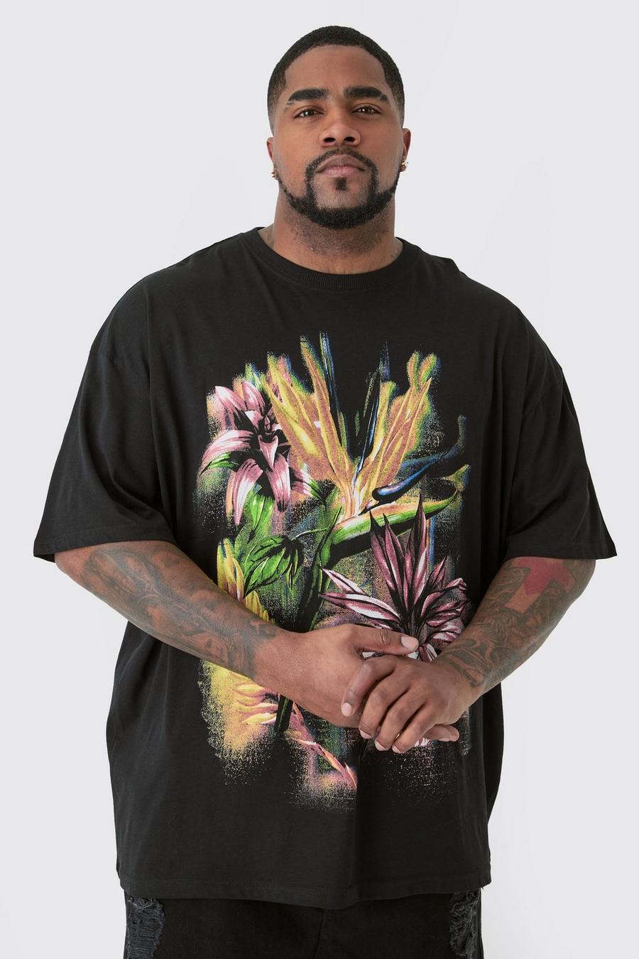 Plus schwarzes Oversize T-Shirt mit floralem Print, Black