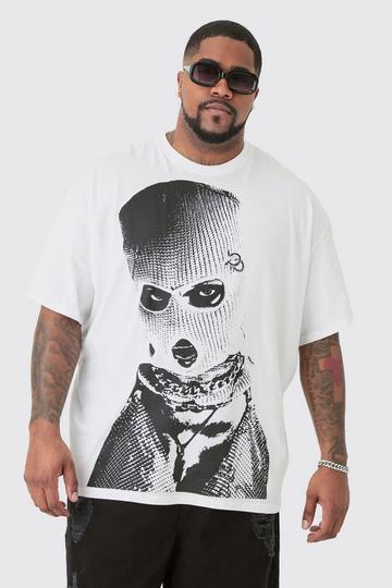 White Plus Oversized Mono Balaclava Graphic T-Shirt In White