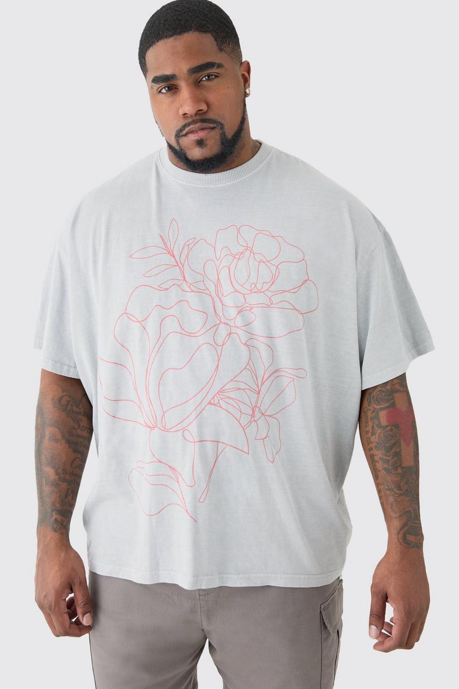 Camiseta Plus oversize gris con estampado de flores, Grey image number 1