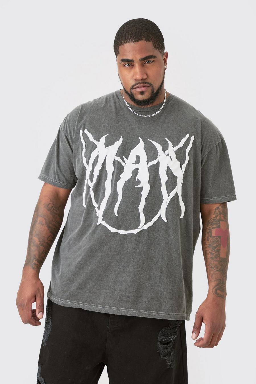 T-shirt Plus Size Core Man grigia con stampa a caratteri arrotondati e catena, Grey