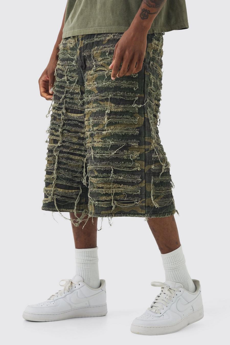 Khaki Tall Relaxed Heavily Distressed Camo Jort image number 1