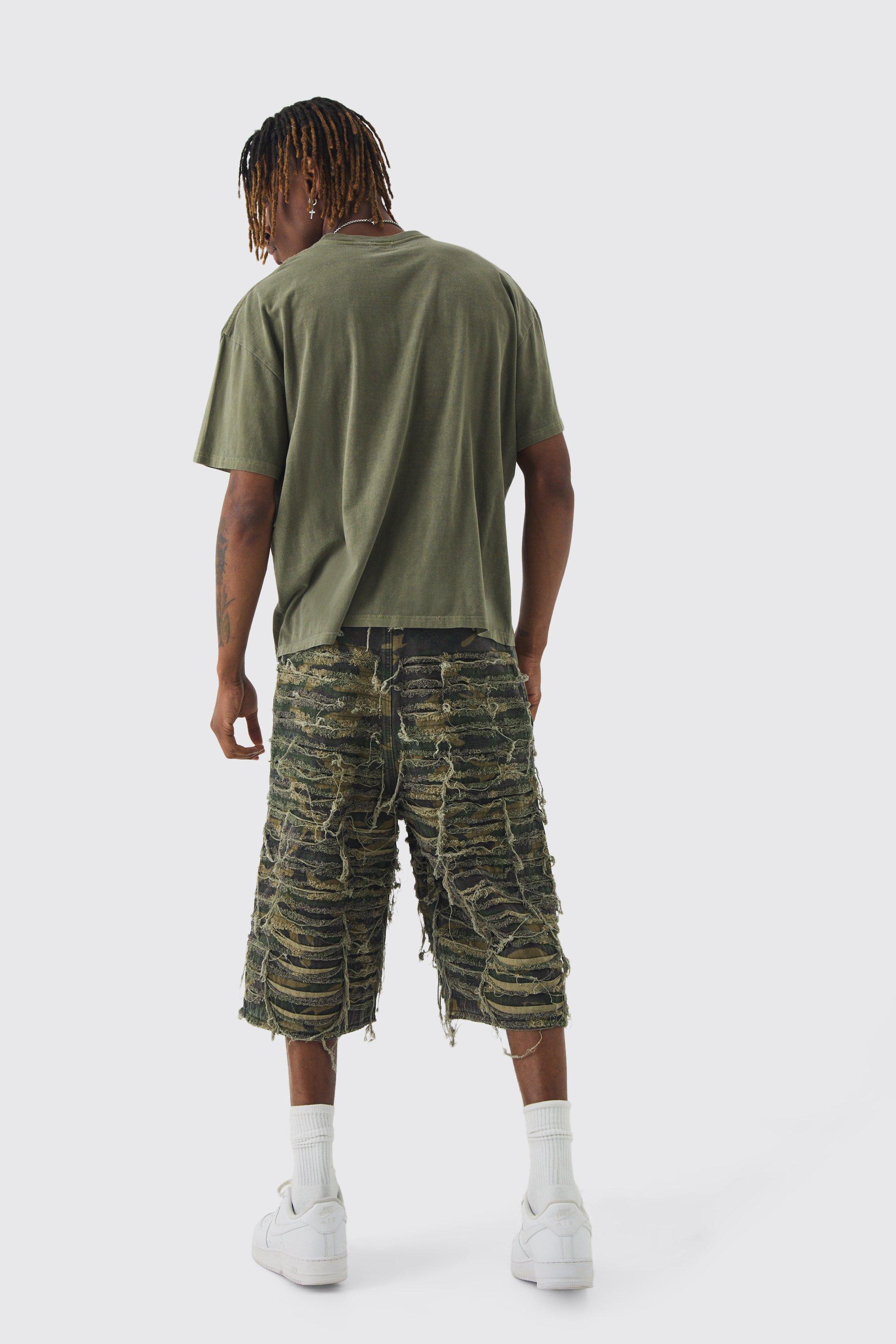 Tall Relaxed Heavily Distressed Camo Jort boohoo
