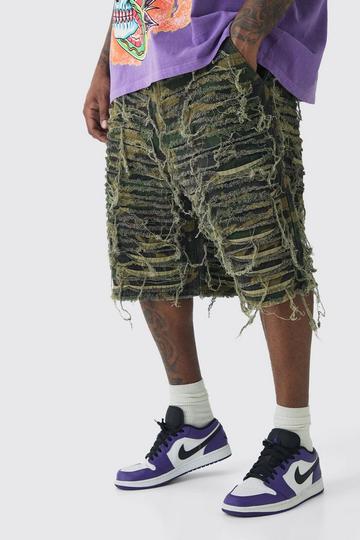 Plus Relaxed Heavily Distressed Camo Jort khaki