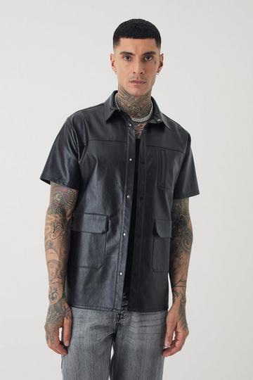 Black Tall PU Utility Pocket Shirt