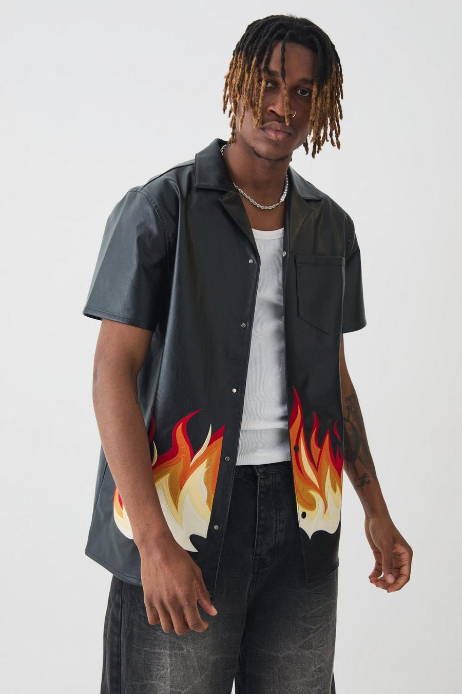 Black Tall PU Flame Embroidery Shirt