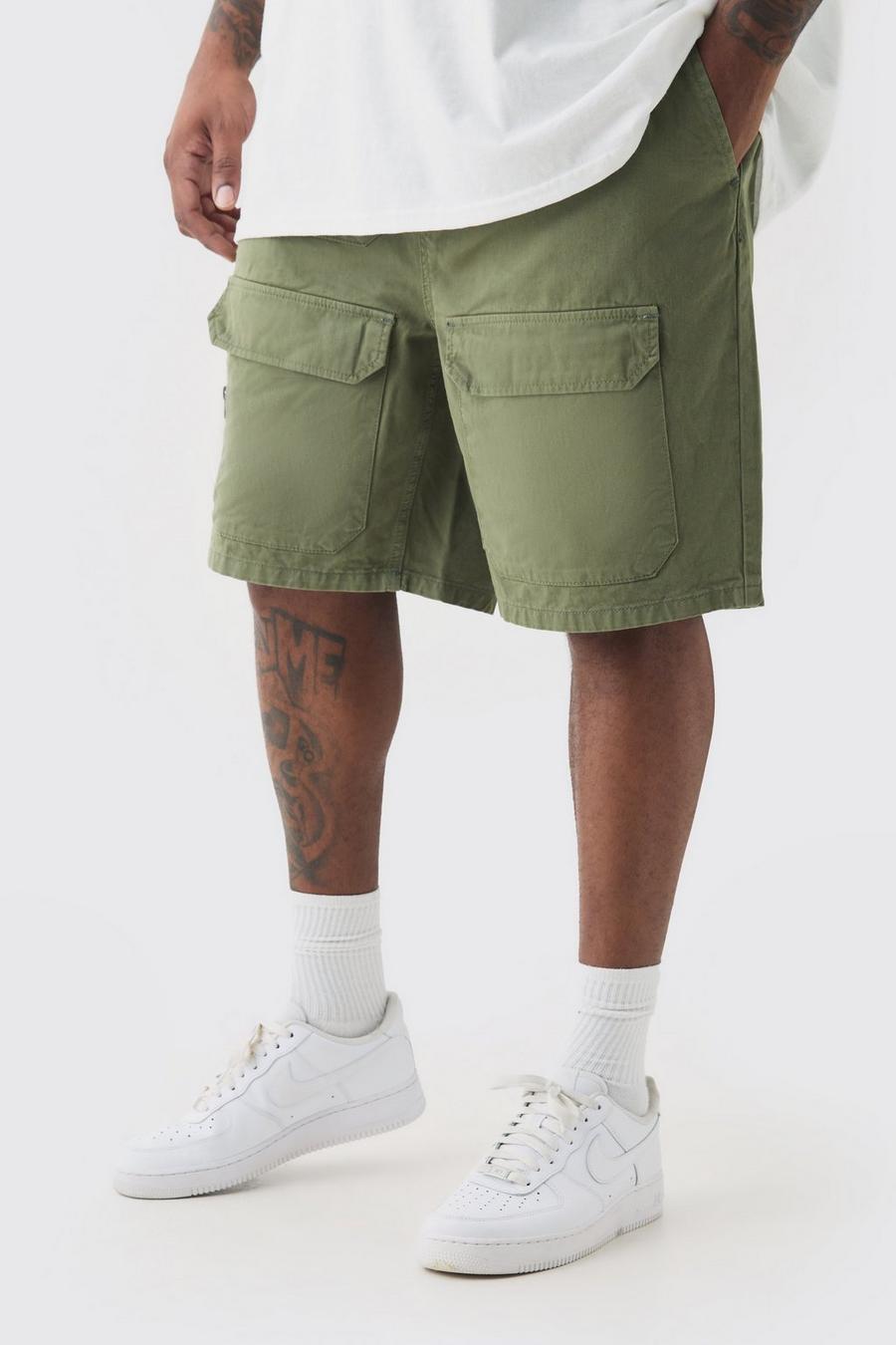 Khaki Plus Elastic Waist Relaxed Contrast Drawcord Shorts image number 1