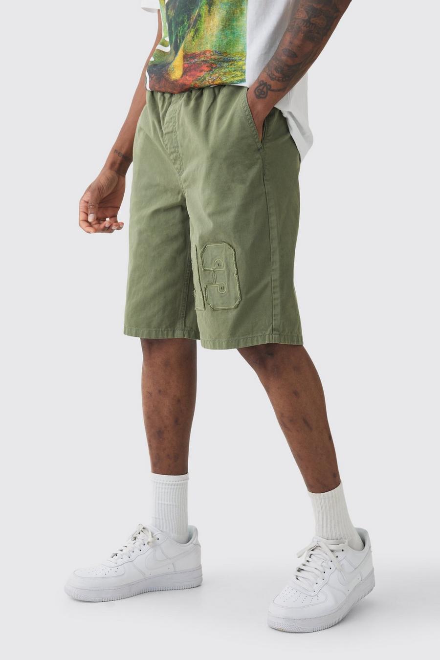 Khaki Tall Elastic Waist Applique Short Length Relaxed Shorts