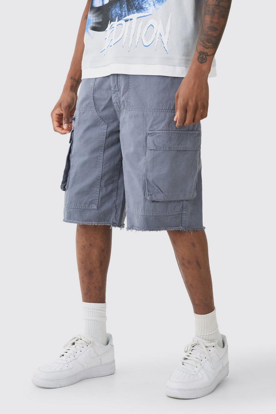 Charcoal Tall Fixed Waist Raw Hem Relaxed Cargo Shorts image number 1