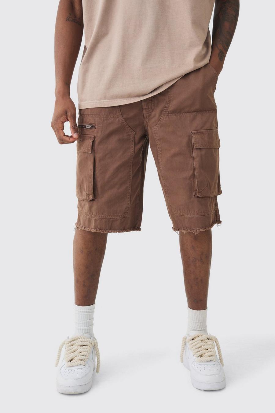 Chocolate Tall Fixed Waist Raw Hem Relaxed Cargo Shorts image number 1