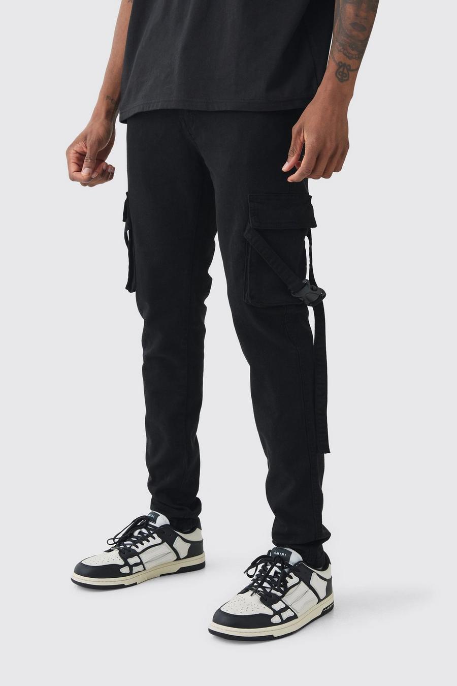 Tall Skinny Overdyed Strap Detail Cargo Trouser In Black