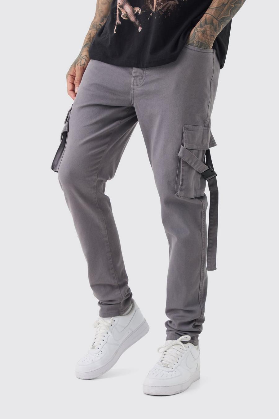 Tall Skinny Overdyed Strap Detail Cargo Trouser In Charcoal