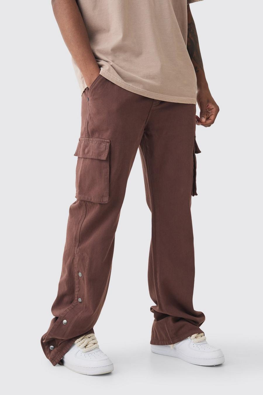 Tall Relaxed Flare Overdye Popper Hem Cargo Trouser In Chocolate image number 1