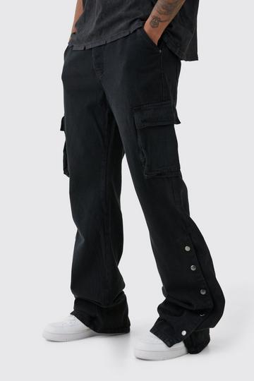 Black Tall Relaxed Flare Overdye Popper Hem Cargo Pants In Black