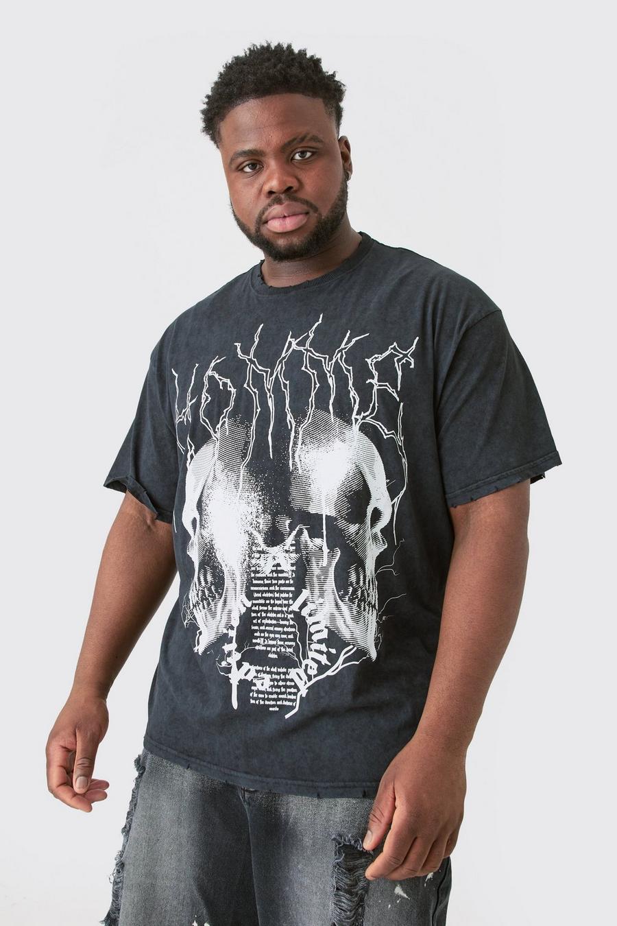T-shirt Plus Size oversize in lavaggio acido con stampa gotica e smagliature, Charcoal image number 1