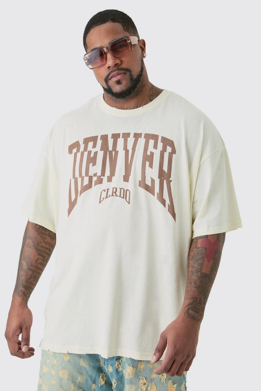 Ecru Plus Oversized Versleten Acid Wash Gebleekt Denver Varsity T-Shirt image number 1