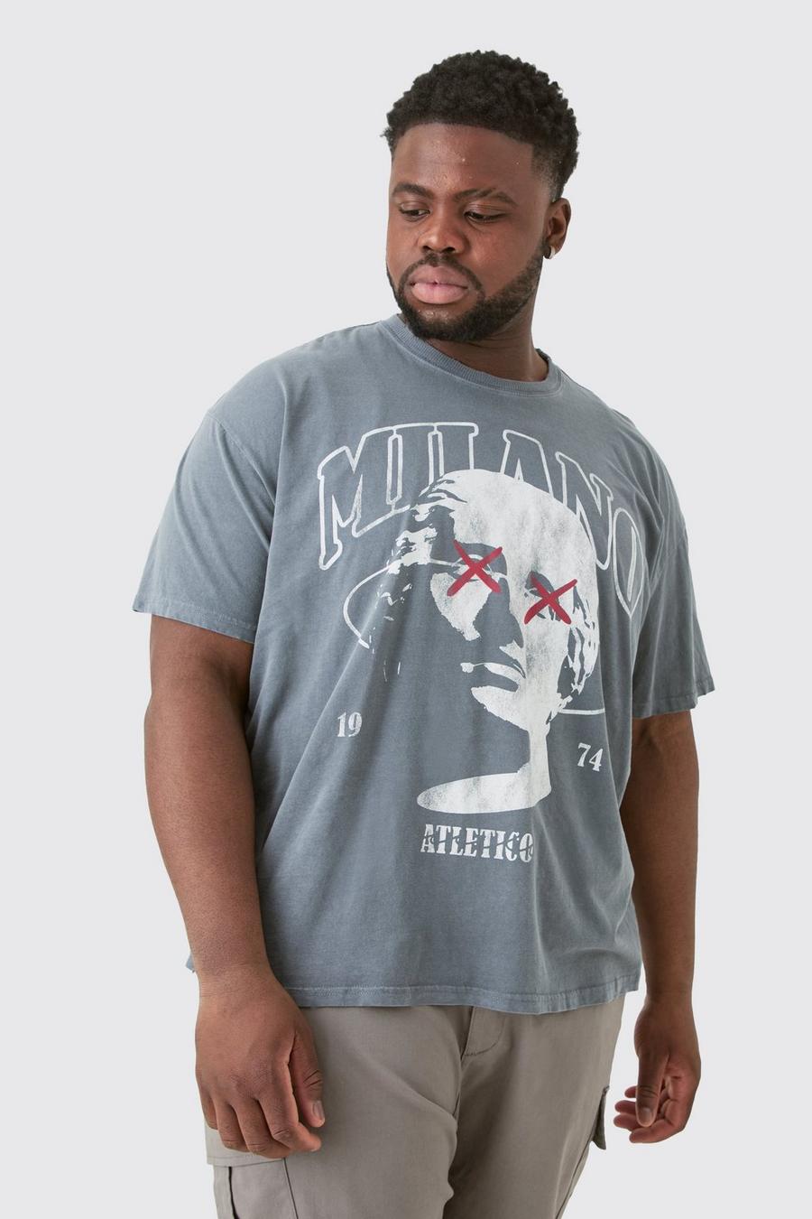 T-shirt Plus Size oversize slavata con grafica Milano e smagliature, Charcoal