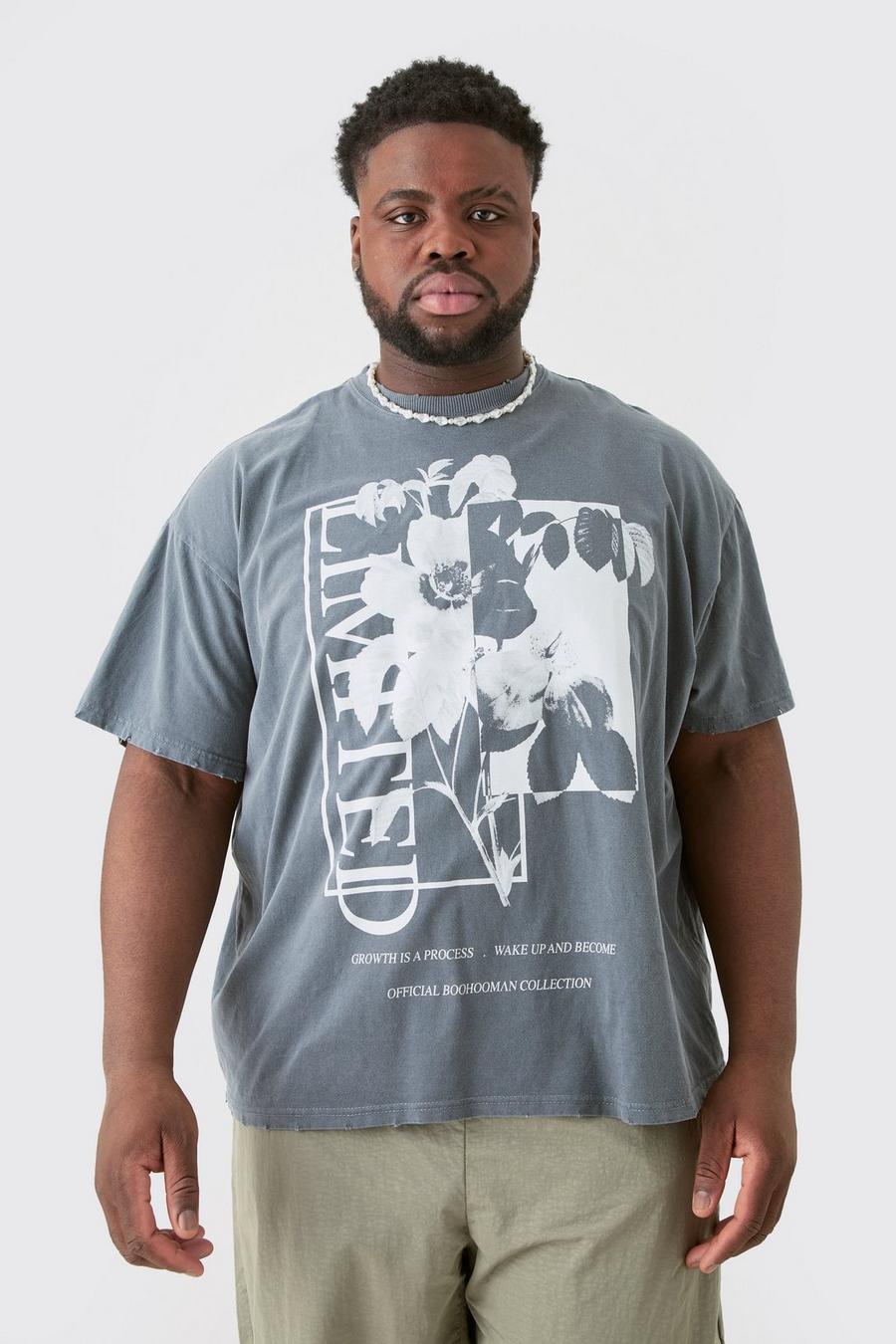 T-shirt Plus Size oversize con grafica a fiori e smagliature, Charcoal image number 1