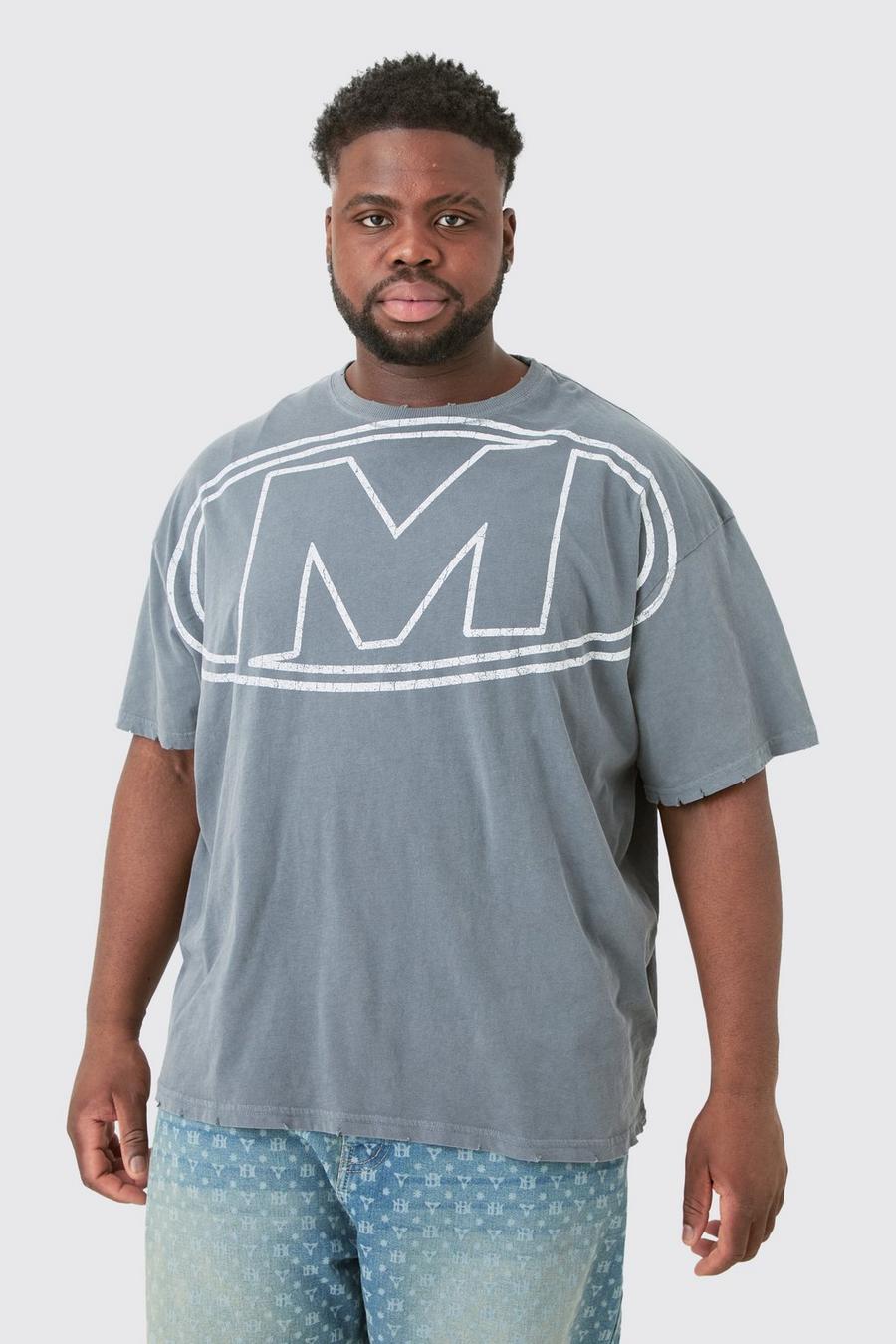 T-shirt Plus Size oversize con grafica e logo effetto smagliato, Charcoal image number 1