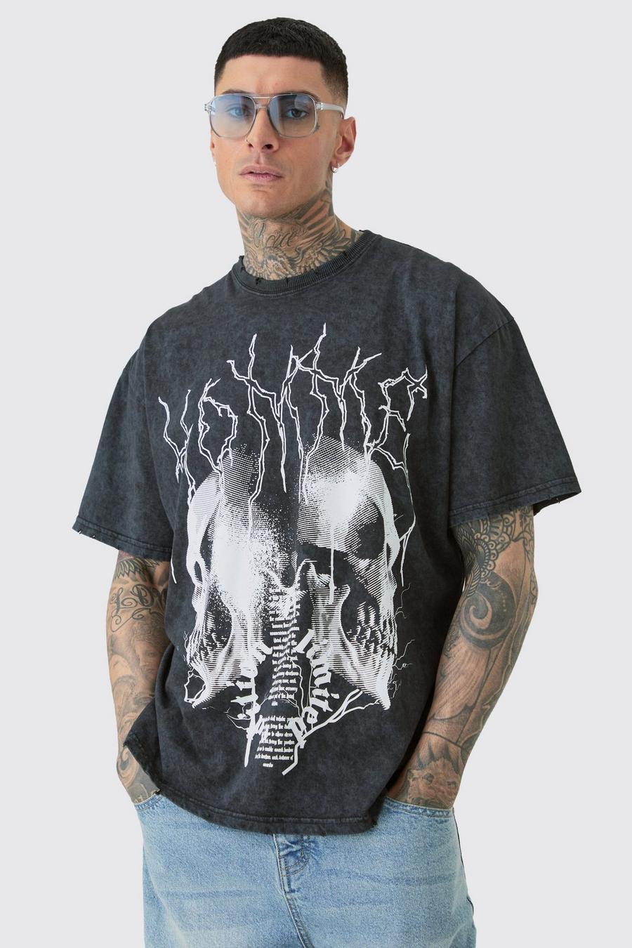 Tall zerrissenes Oversize T-Shirt mit Acid-Waschung und Gothic-Print, Charcoal