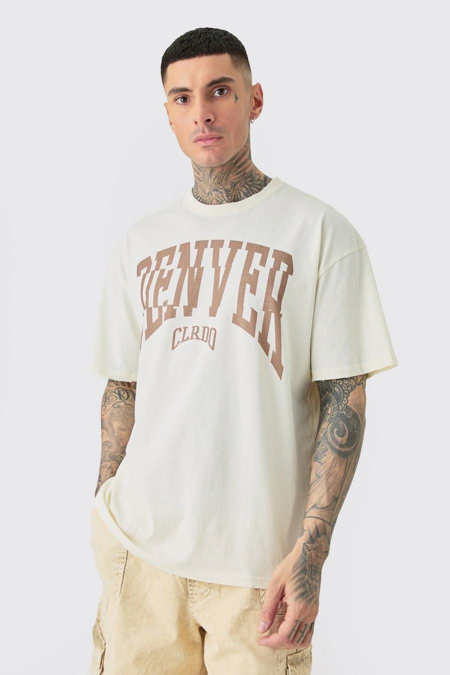 Ecru Tall Oversized Versleten Acid Wash Gebleekt Denver Varsity T-Shirt image number 1