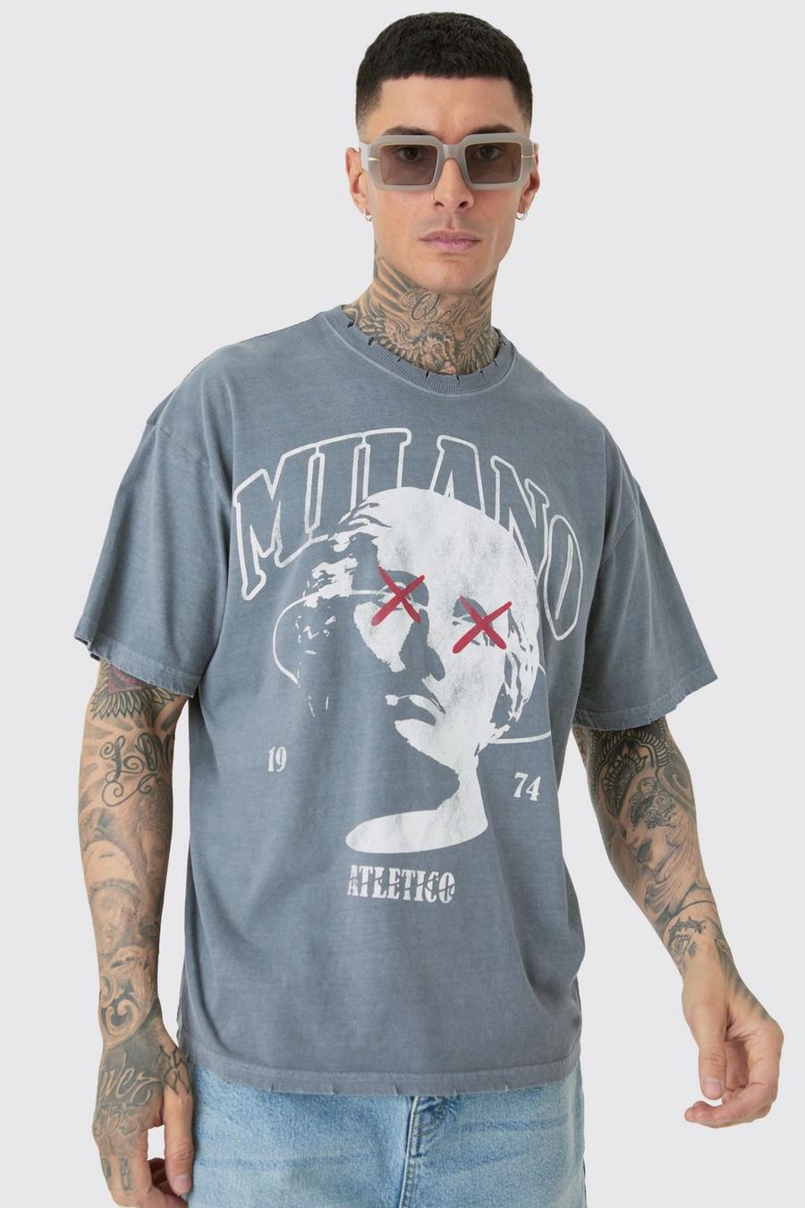 Tall zerrissenes Oversize T-Shirt mit Milano-Print, Charcoal image number 1