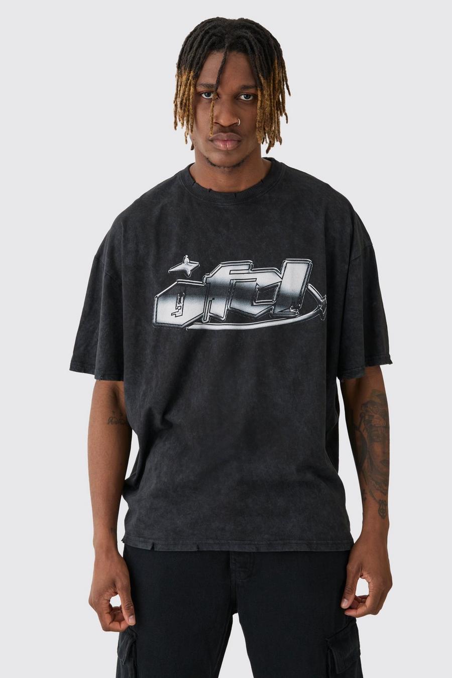 Tall zerrissenes Oversize T-Shirt mit Acid-Waschung und Metallic-Print, Charcoal image number 1