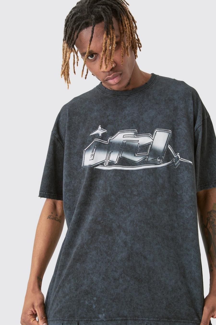 Tall Distressed Oversized Acid Wash Metallic Graphic T-shirt, Charcoal