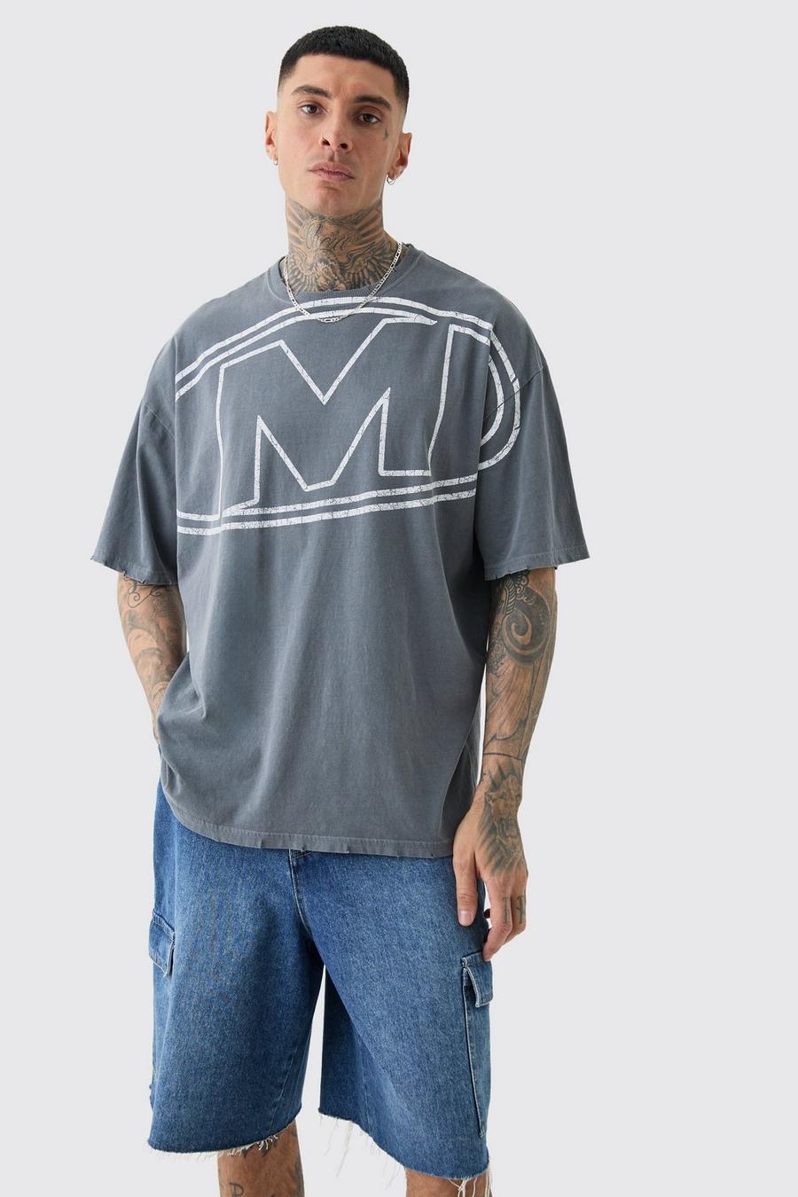 T-shirt Tall oversize sovratinta a effetto consumato con grafica e logo, Charcoal