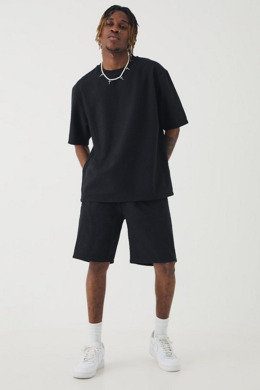 Black Tall Jacquard T-shirt & Relaxed Short Set  image number 1