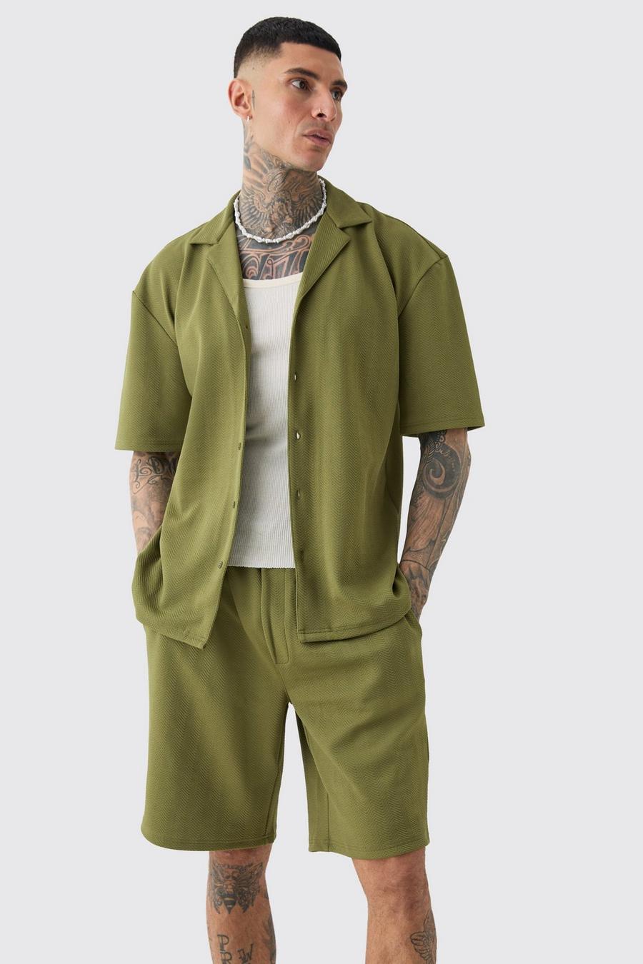 Tall Herringbone Detail Shirt & Short Set In Khaki